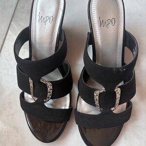Impo Black Strappy Wedge Sandals with Silver Buckle Accents